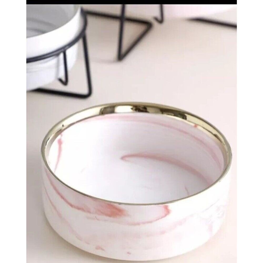 Pink White Marble Swirl Pet Bowl Water Food Dog Set Ceramic - Picture 5 of 7
